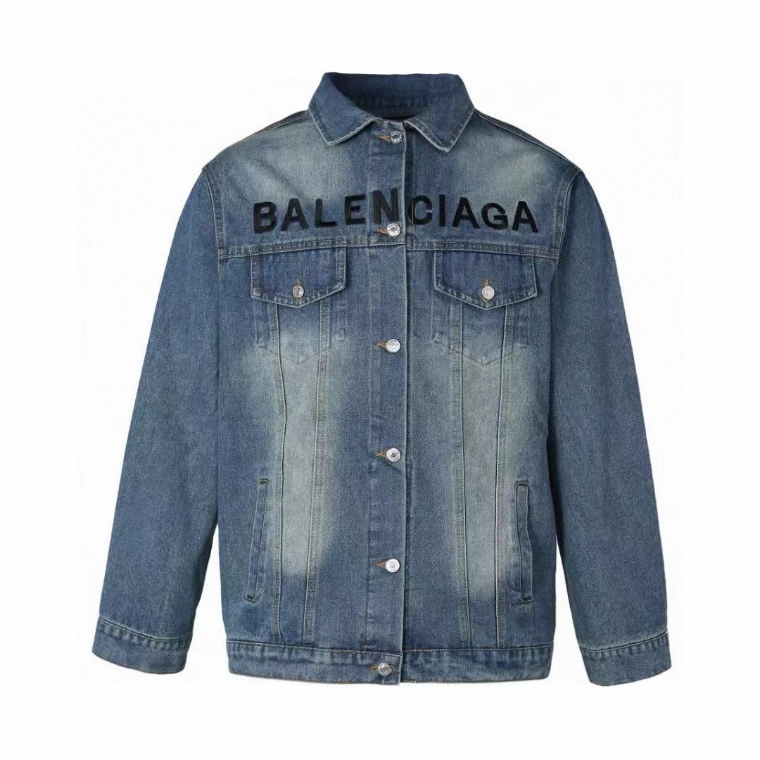 Balenciaga New Embroidered Logo Vintage Blue Denim Jacket Unisex Coat.