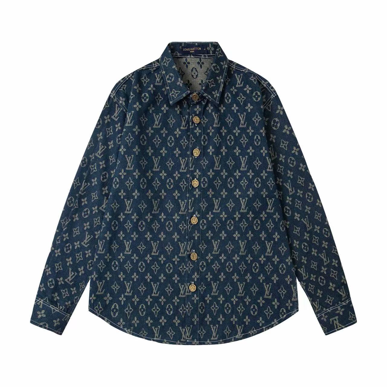Louis Vuitton Vintage All Over Letter Jacquard Washed Denim Shirt Unisex Coat