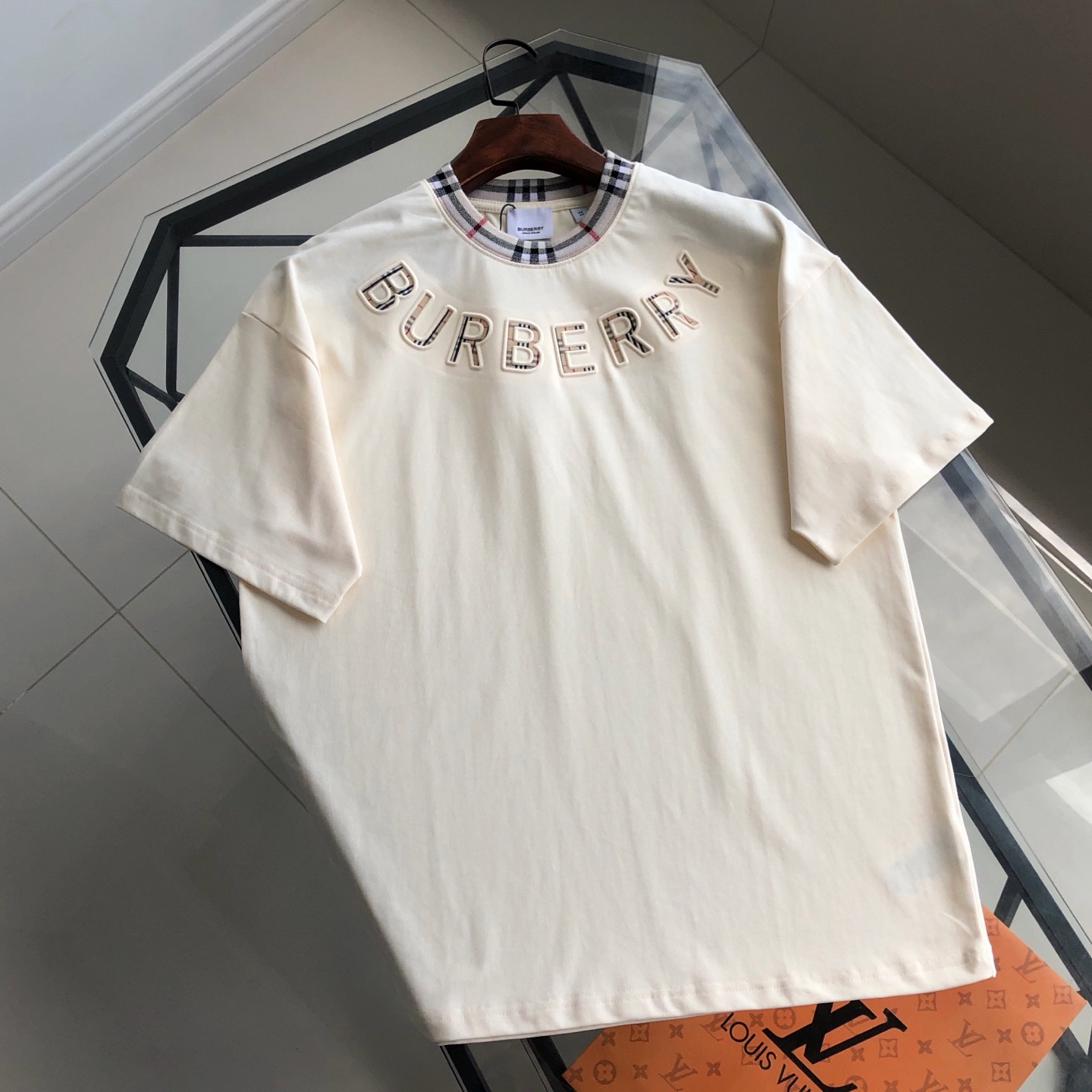 Burberry 2026 Embossed Logo Check Trim Crew Neck Unisex T-shirt