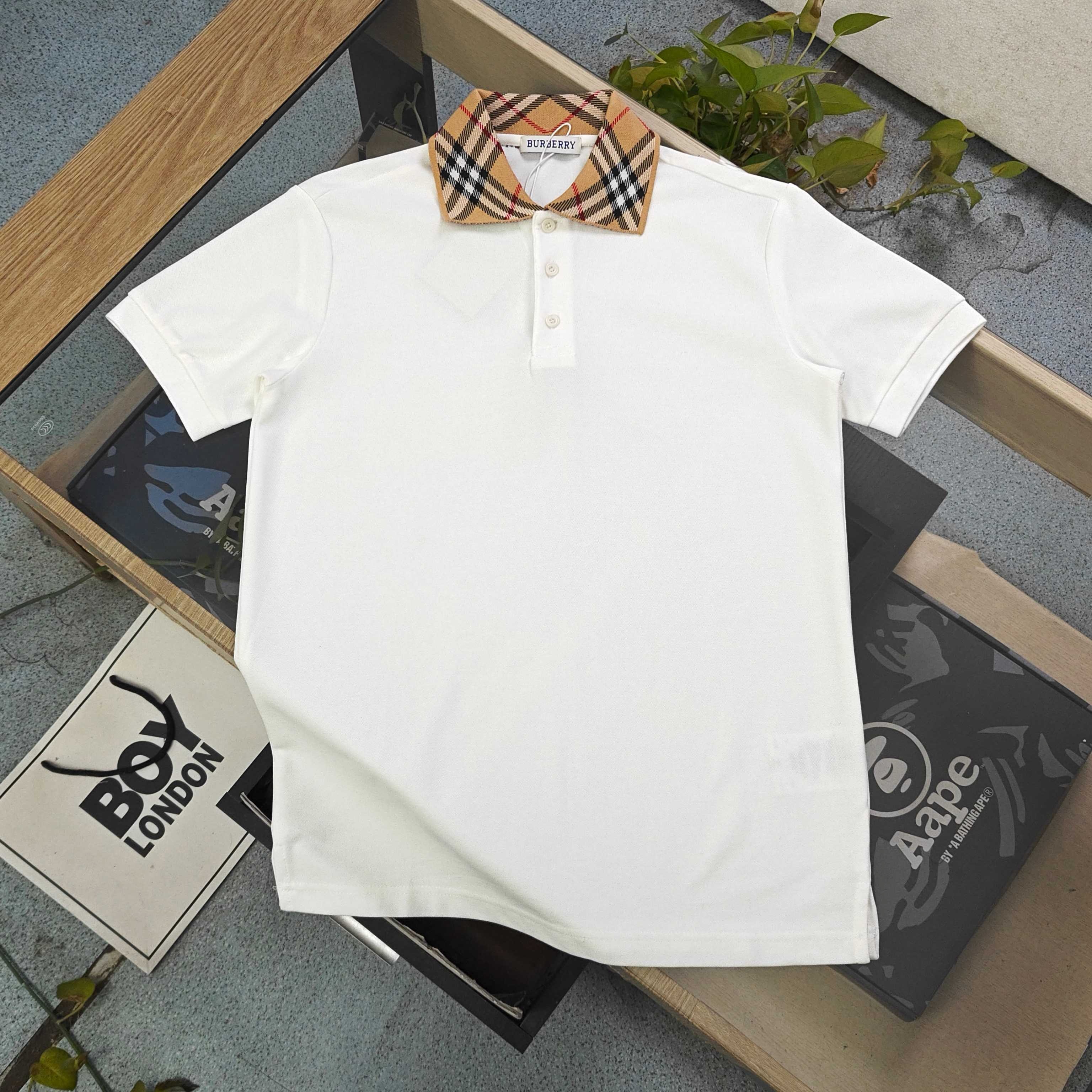 Burberry Check Collar Embroidered Pique Polo Shirt
