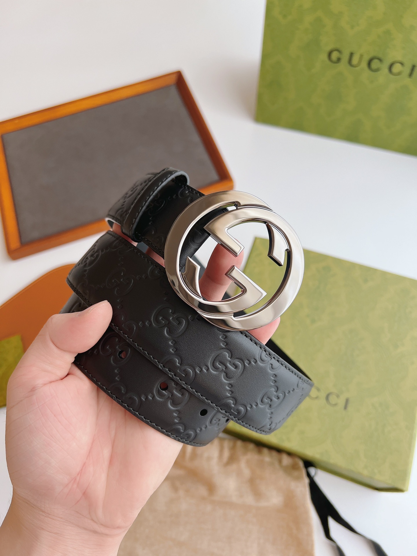 Gucci GG Embossed Leather Belt with Interlocking G Buckle