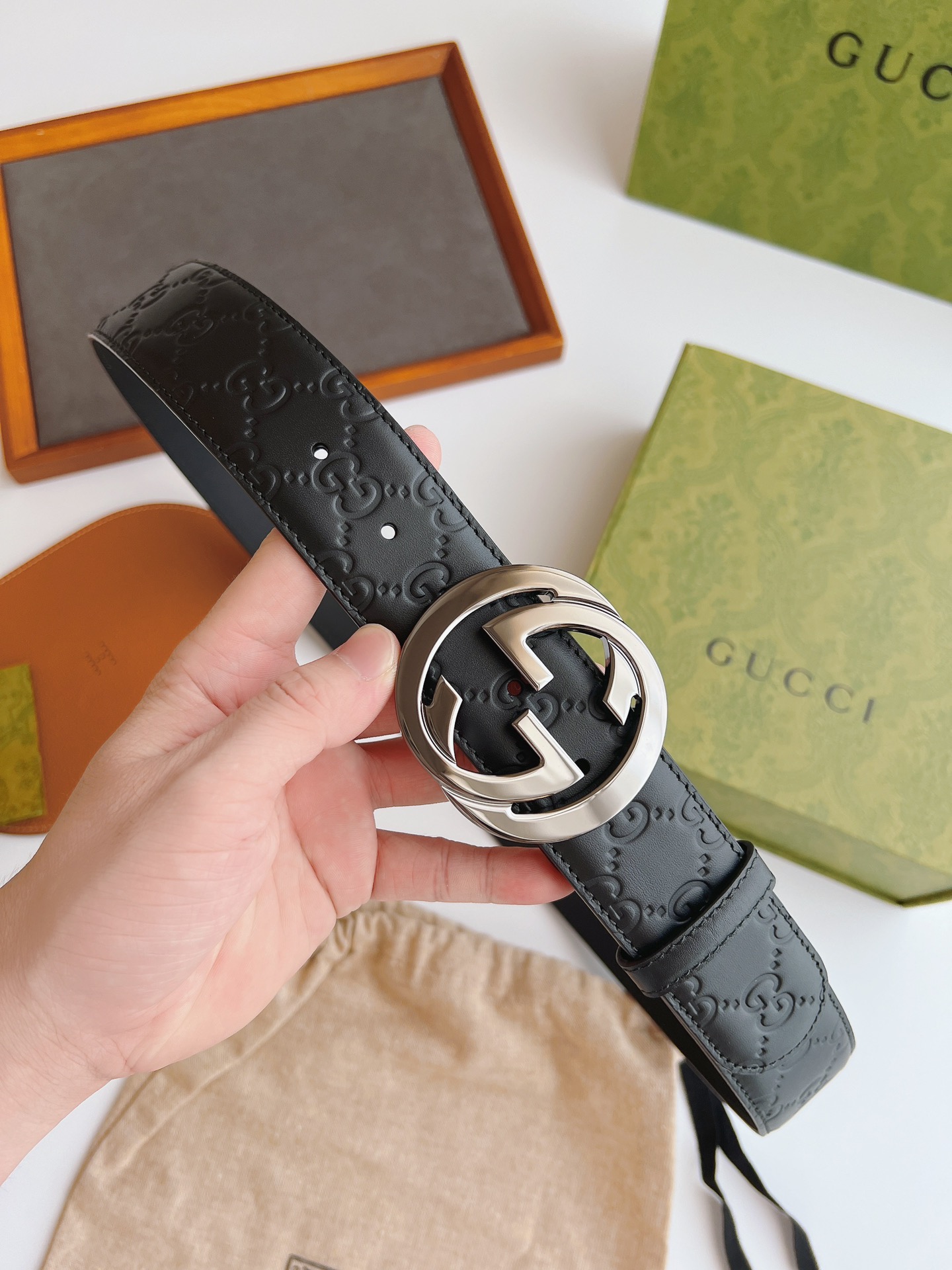  Gucci GG Embossed Leather Belt with Interlocking G Buckle product image 3 thumbnail