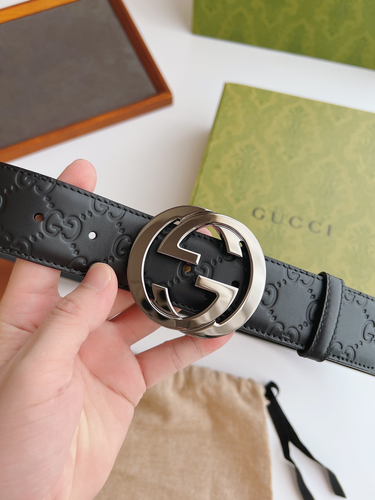  Gucci GG Embossed Leather Belt with Interlocking G Buckle product image 4 thumbnail