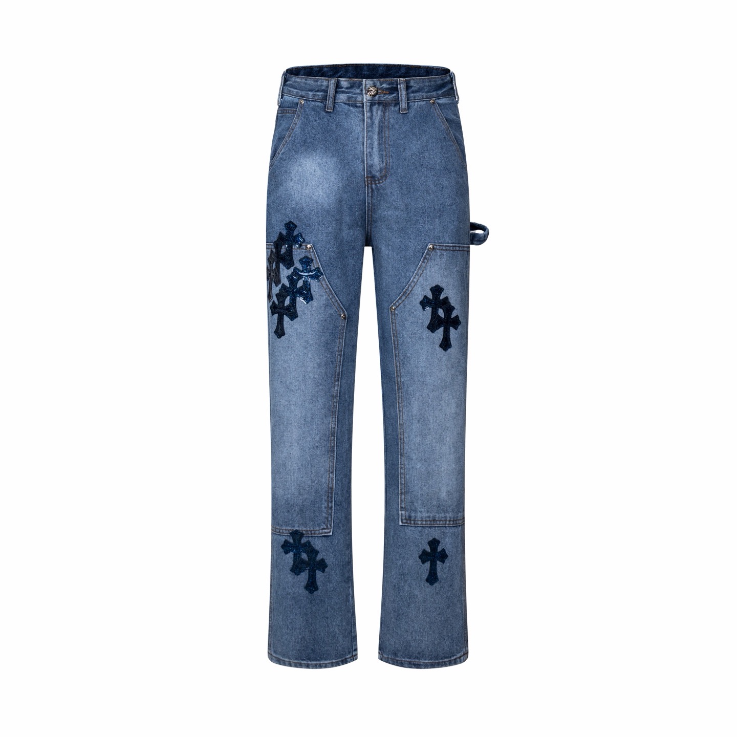 Chrome Hearts Starry Blue Sheepskin Cross Patchwork Carpenter Jeans