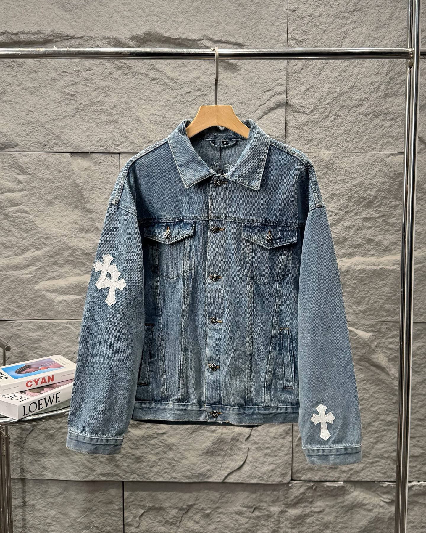 Chrome Hearts Cross Leather Patch Sanskrit Embroidery Washed Denim Shirt Jacket