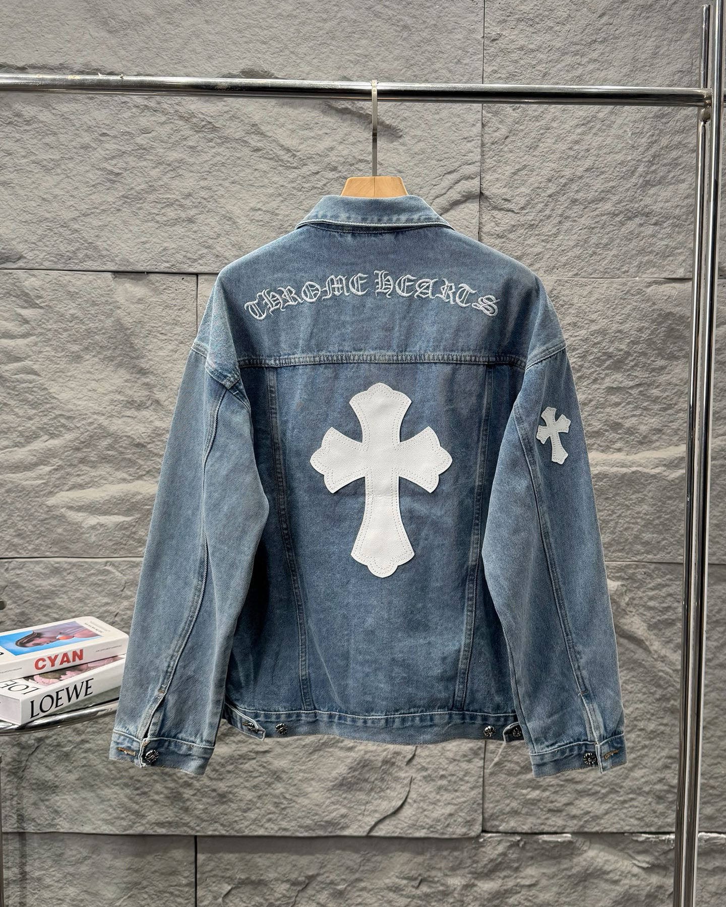 Chrome Hearts Cross Leather Patch Sanskrit Embroidery Washed Denim Shirt Jacket product image 2 thumbnail
