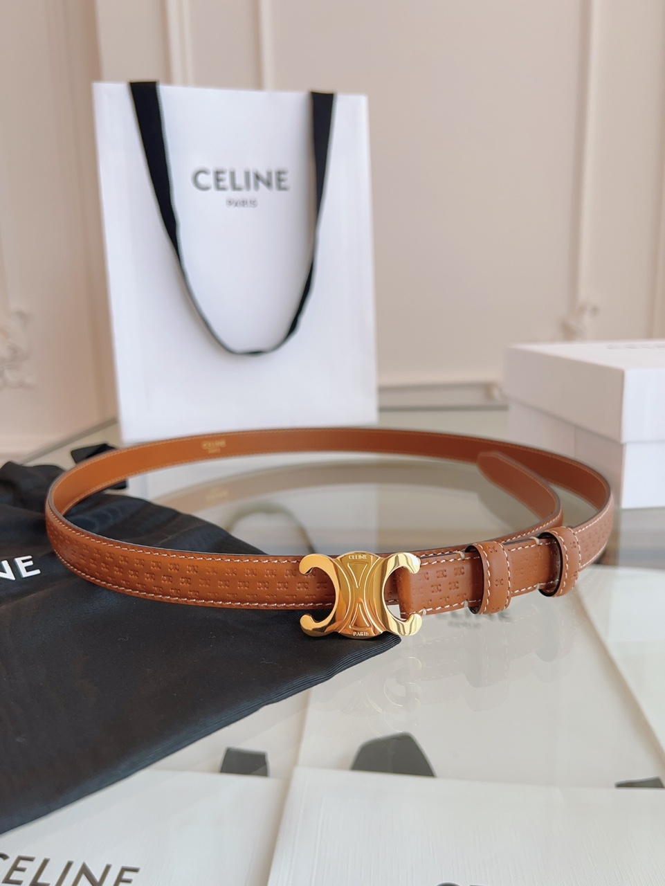 Celine Triomphe C Embossed Leather Belt