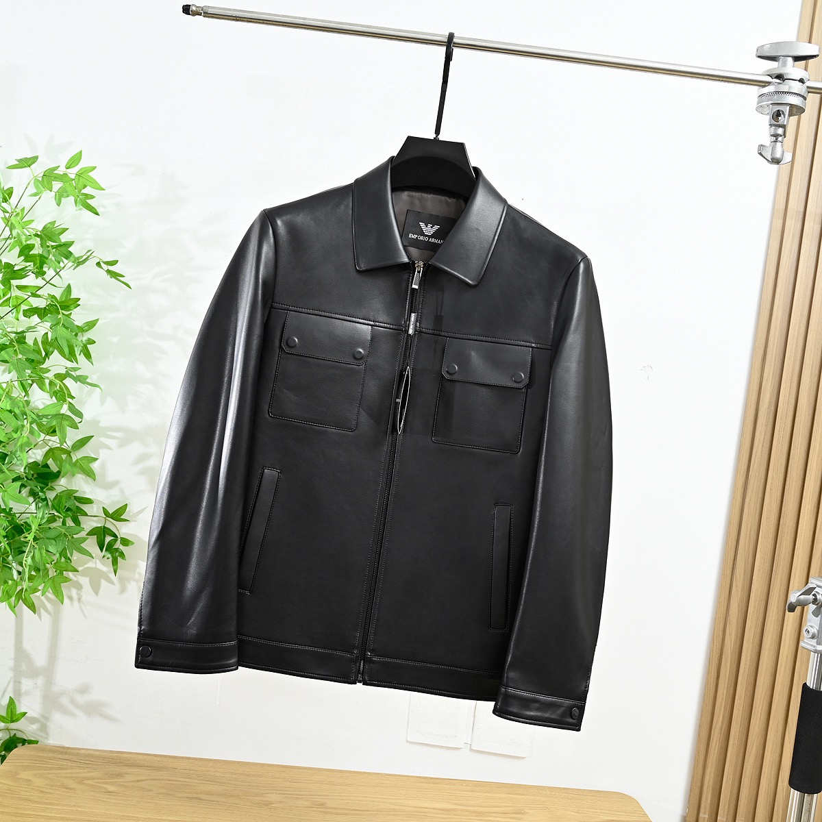 Armani 26SS Men's Lapel Business PU Leather Jacket