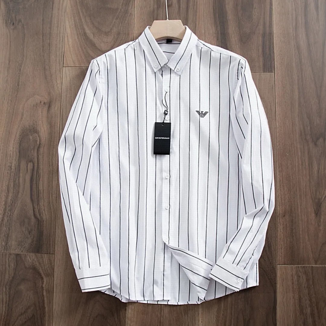 ARMANI Men's Striped Long-Sleeve Shirt With Small Logo Print