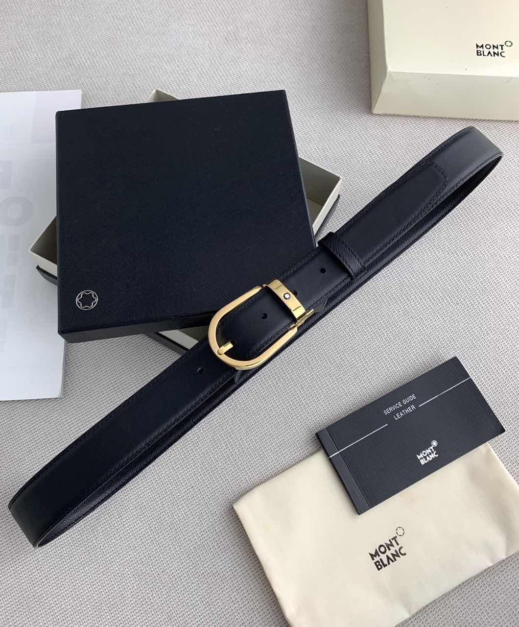Mont Blanc Classic Designer Leather Belt with Gold-Tone Buckle