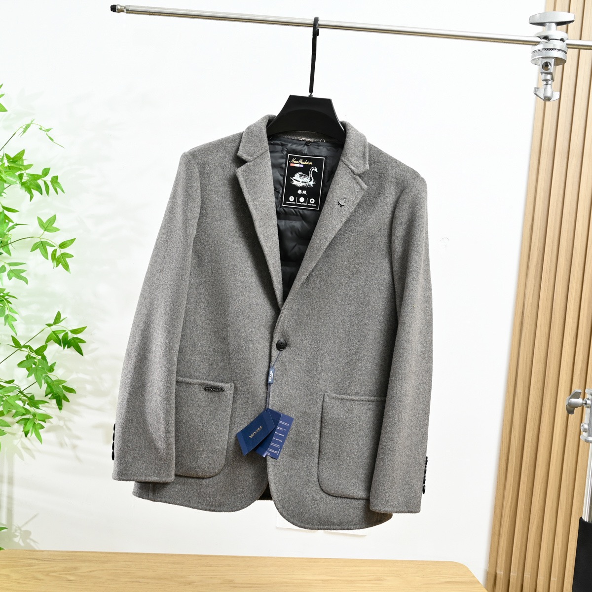 Prada-Style Men’s Wool Blend Mid-Length Coat with Down Vest