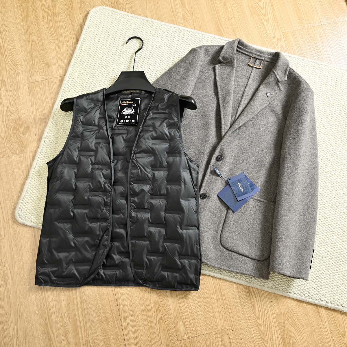 Prada-Style Men’s Wool Blend Mid-Length Coat with Down Vest product image 4 thumbnail