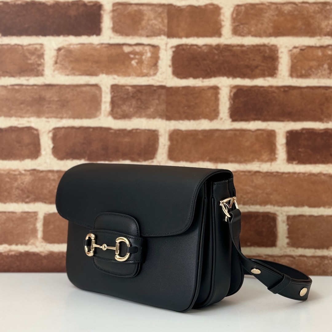     Luxury-Style Black Leather Horsebit Shoulder Bag