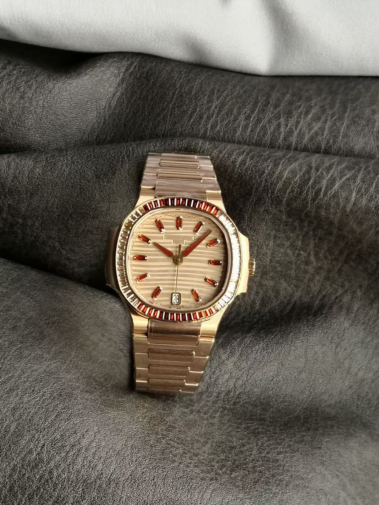 Patek Philippe-Style Nautilus 7118 Rose Gold Tone Garnet Bezel Ladies Watch