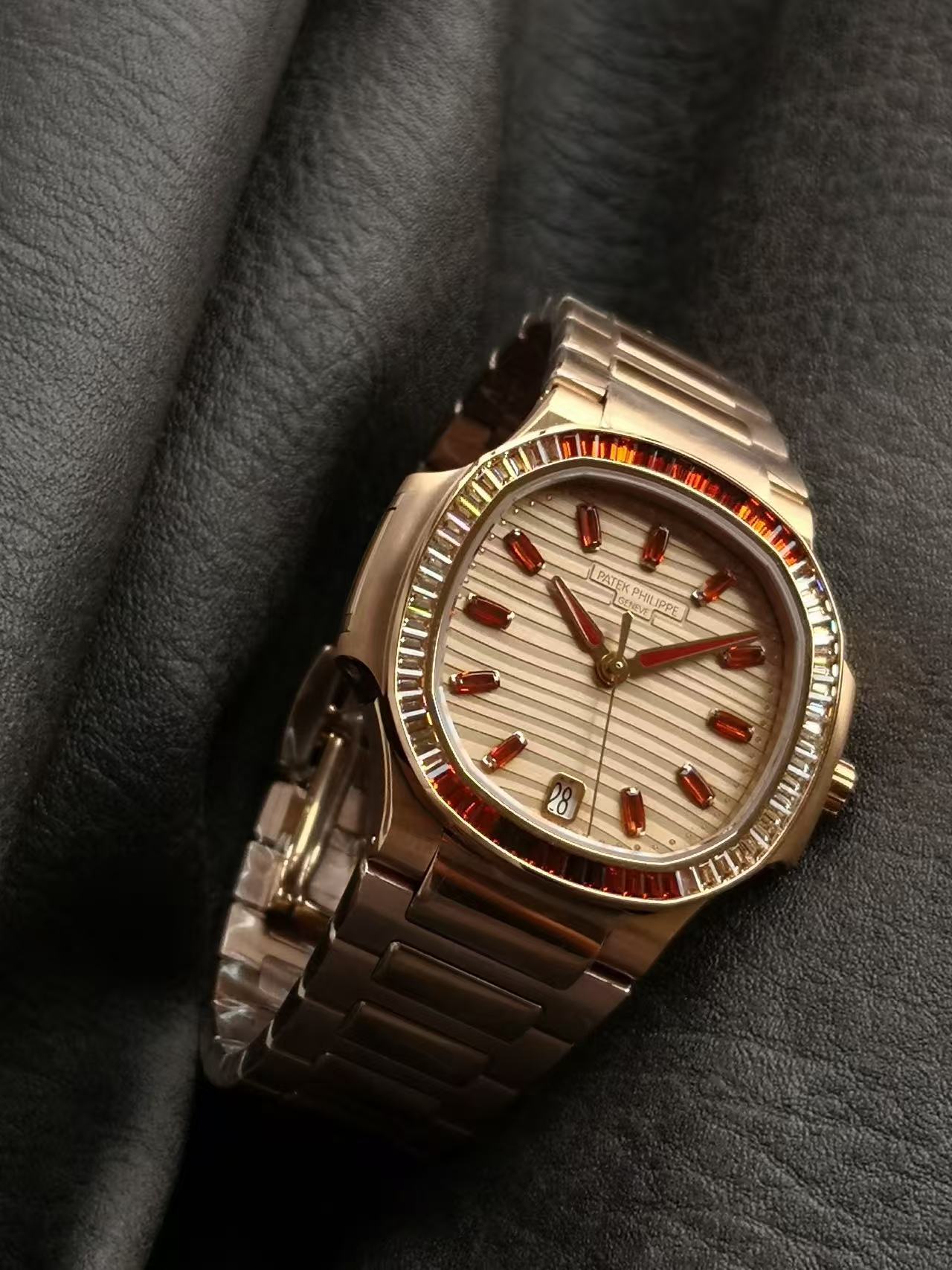 Patek Philippe-Style Nautilus 7118 Rose Gold Tone Garnet Bezel Ladies Watch product image 2 thumbnail