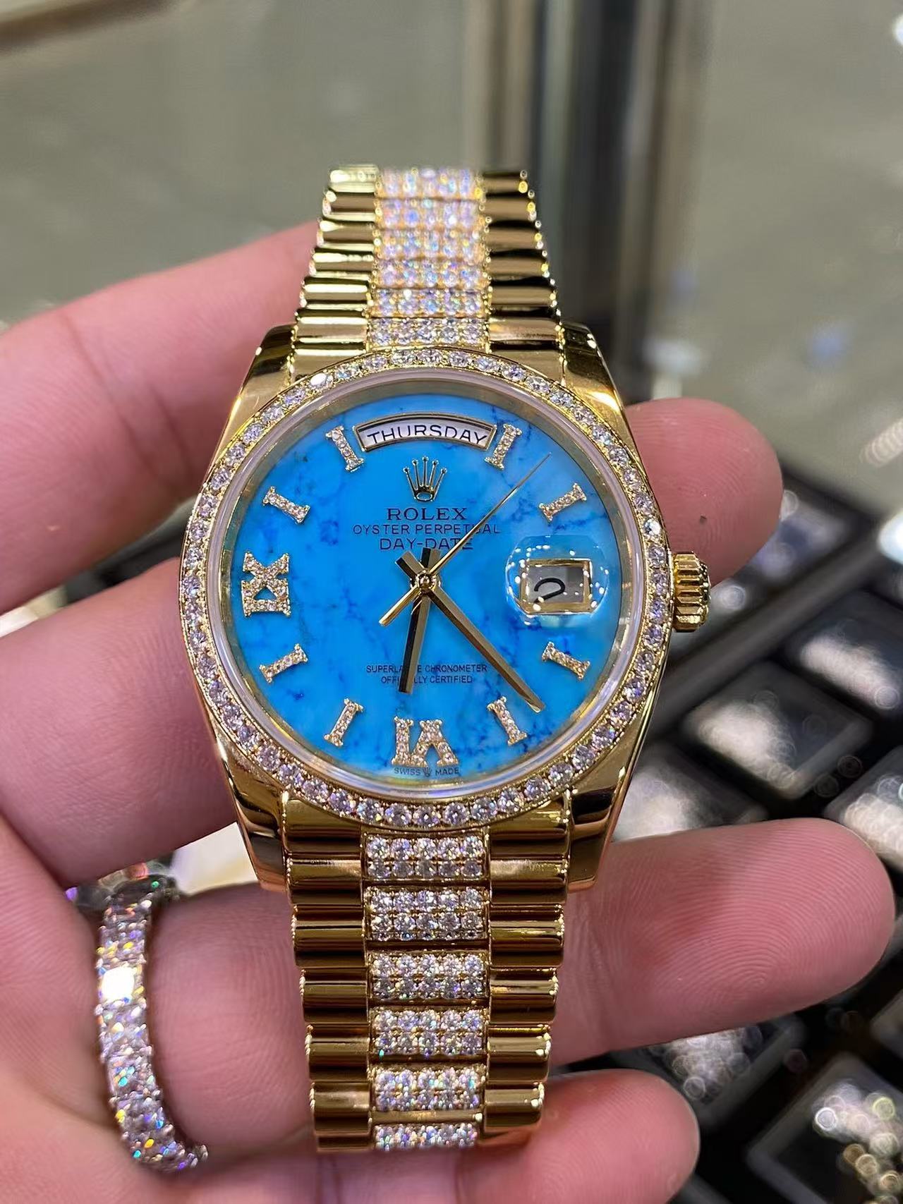 Exclusive Custom Rolex Day-Date 36mm Turquoise Dial, 18K Gold Plated, D-Moissanite Set