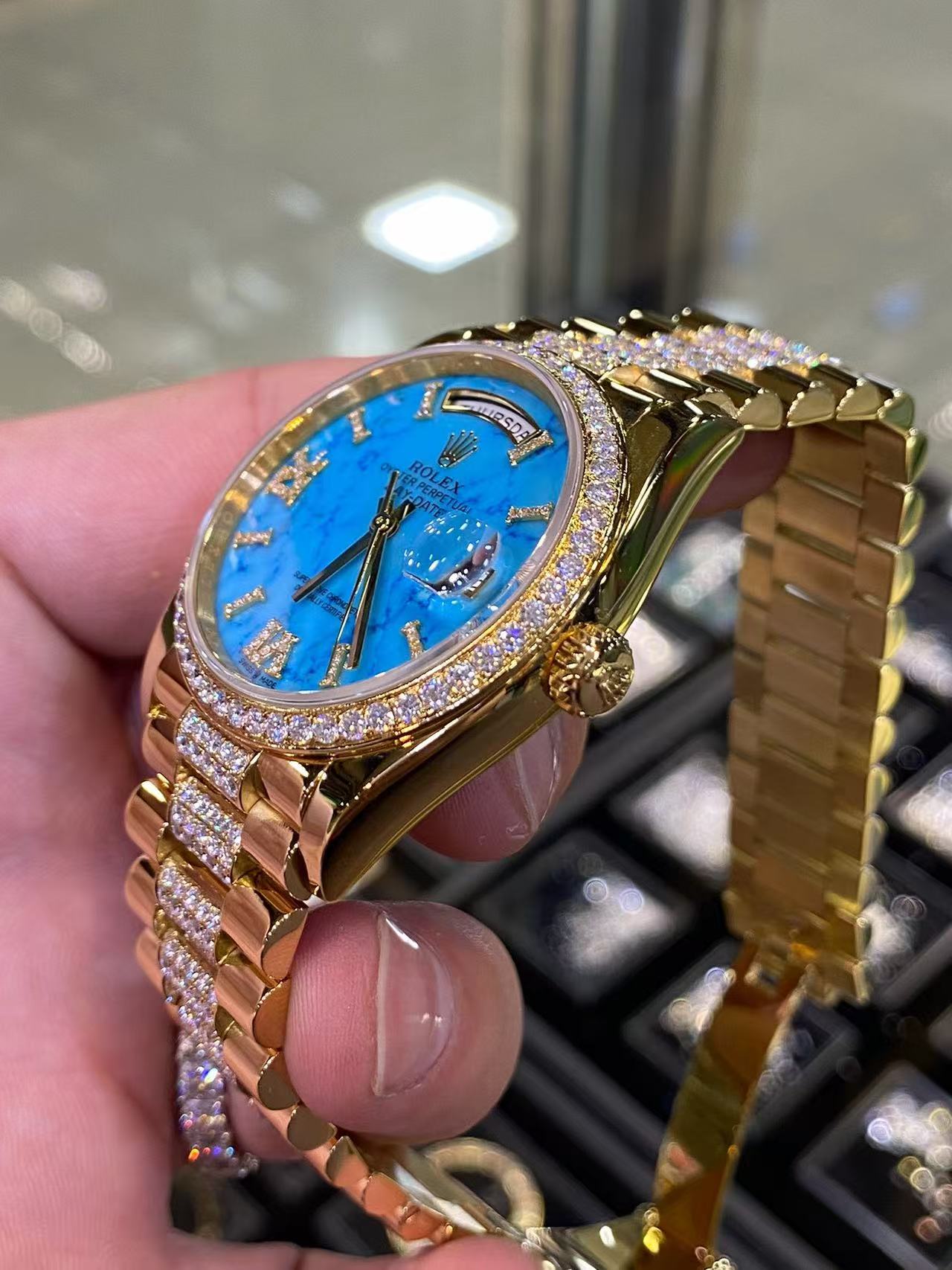 Exclusive Custom Rolex Day-Date 36mm Turquoise Dial, 18K Gold Plated, D-Moissanite Set product image 2 thumbnail
