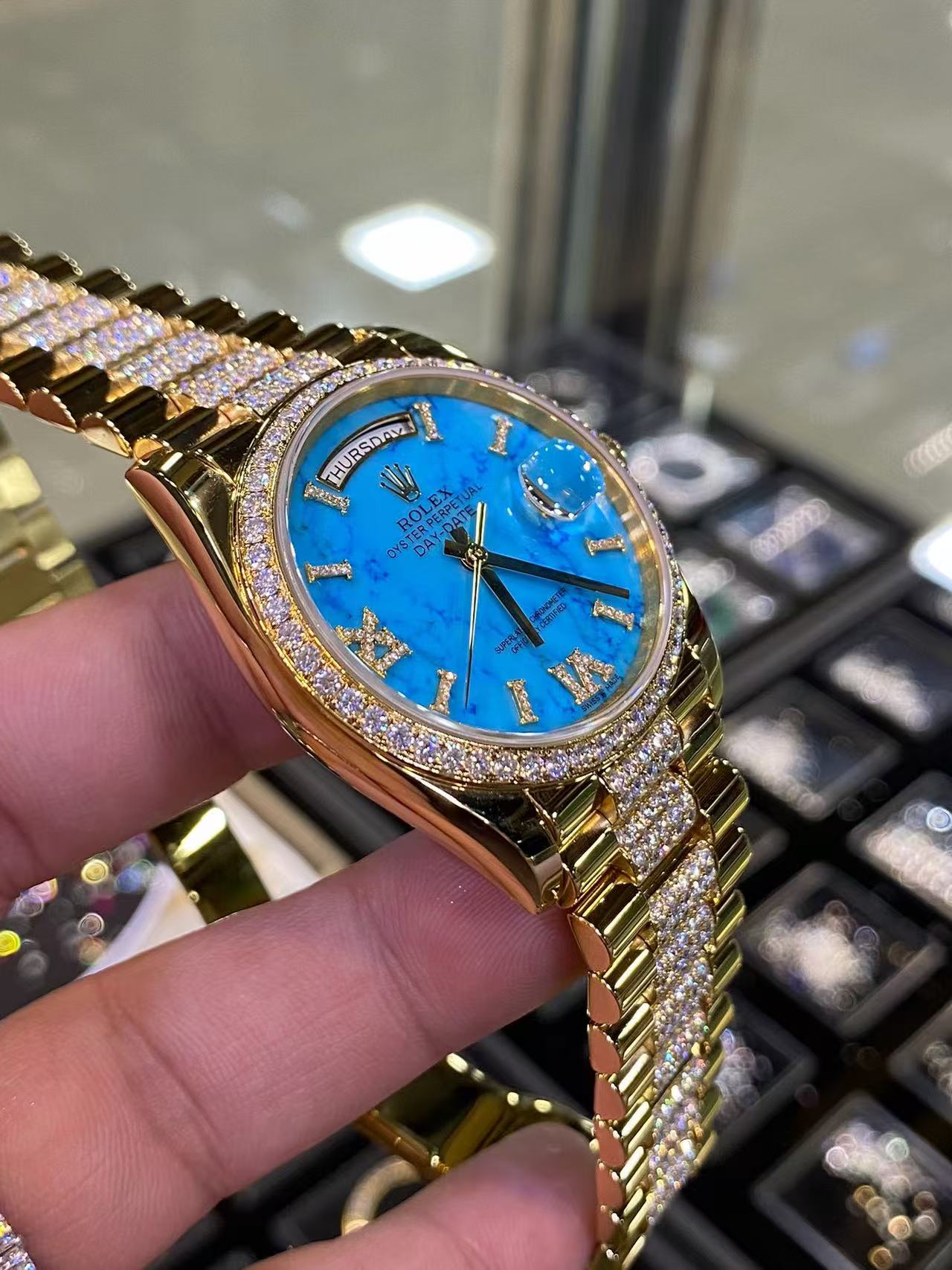 Exclusive Custom Rolex Day-Date 36mm Turquoise Dial, 18K Gold Plated, D-Moissanite Set product image 3 thumbnail