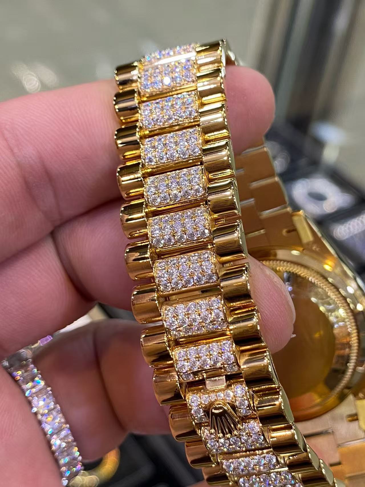 Exclusive Custom Rolex Day-Date 36mm Turquoise Dial, 18K Gold Plated, D-Moissanite Set product image 4 thumbnail