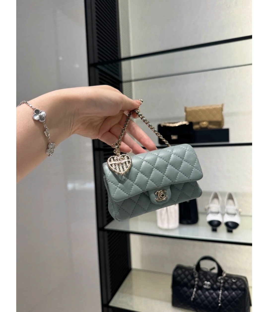    CF-Style Mini Charm Bag in Grey Blue Lambskin