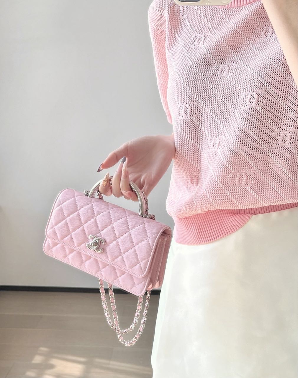     Cherry Blossom Pink Quilted Mini Top‑Handle Bag