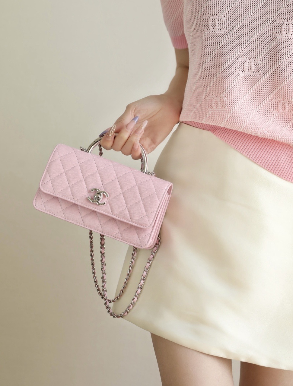     Cherry Blossom Pink Quilted Mini Top‑Handle Bag product image 3 thumbnail