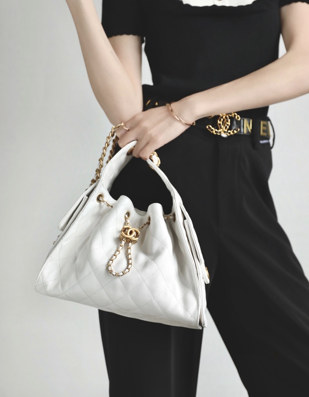     Quilted White Leather Bucket Shoulder Bag product image 4 thumbnail