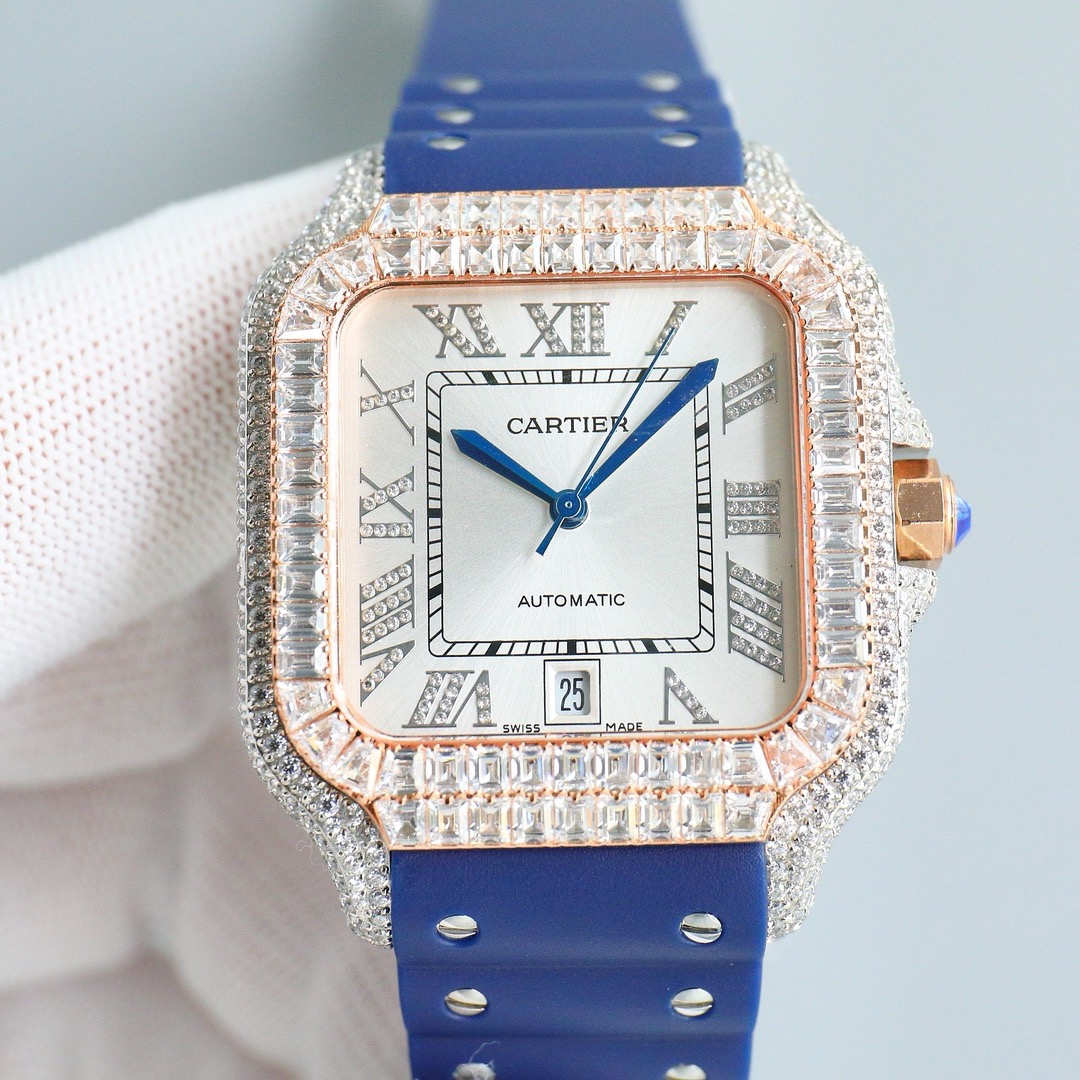 Cartier Santos Full Diamond 40mm Automatic Watch with Rubber Strap