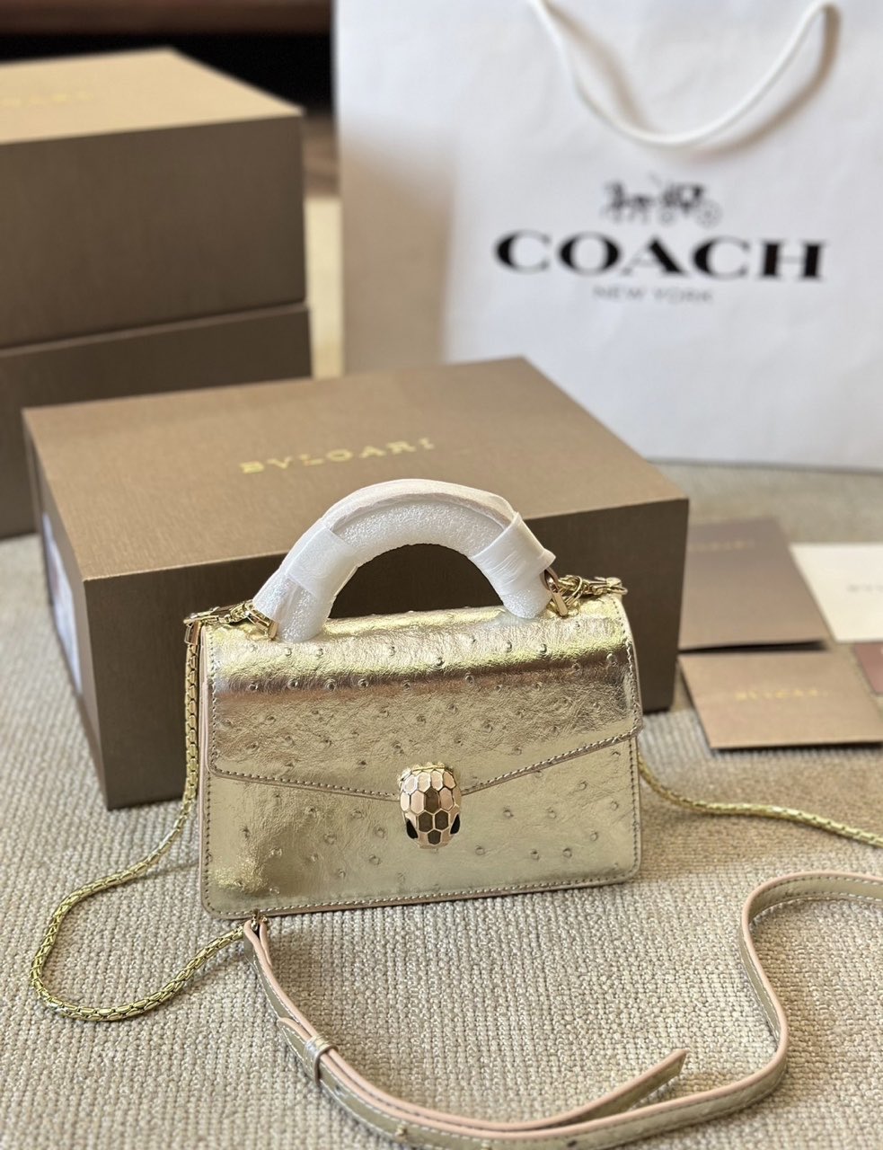 BVLGARI Serpenti Forever Metallic Gold Top Handle Chain Bag