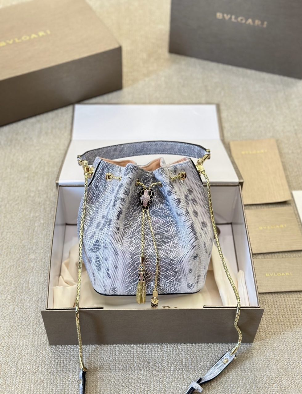 Bvlgari Limited Edition Snake-Embossed Bucket Bag with Chain Strap – Silver Shimmer
