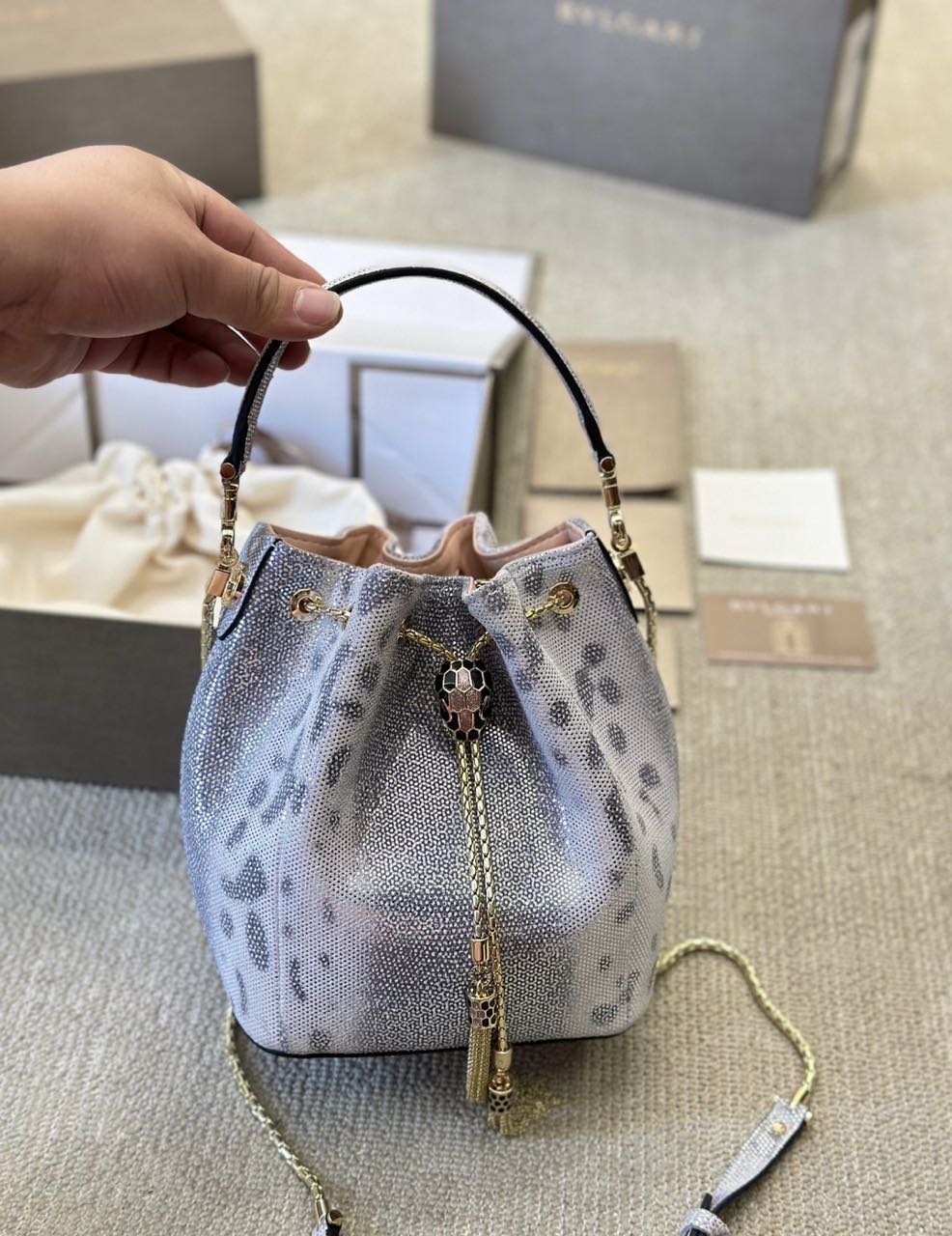 Bvlgari Limited Edition Snake-Embossed Bucket Bag with Chain Strap – Silver Shimmer product image 2 thumbnail