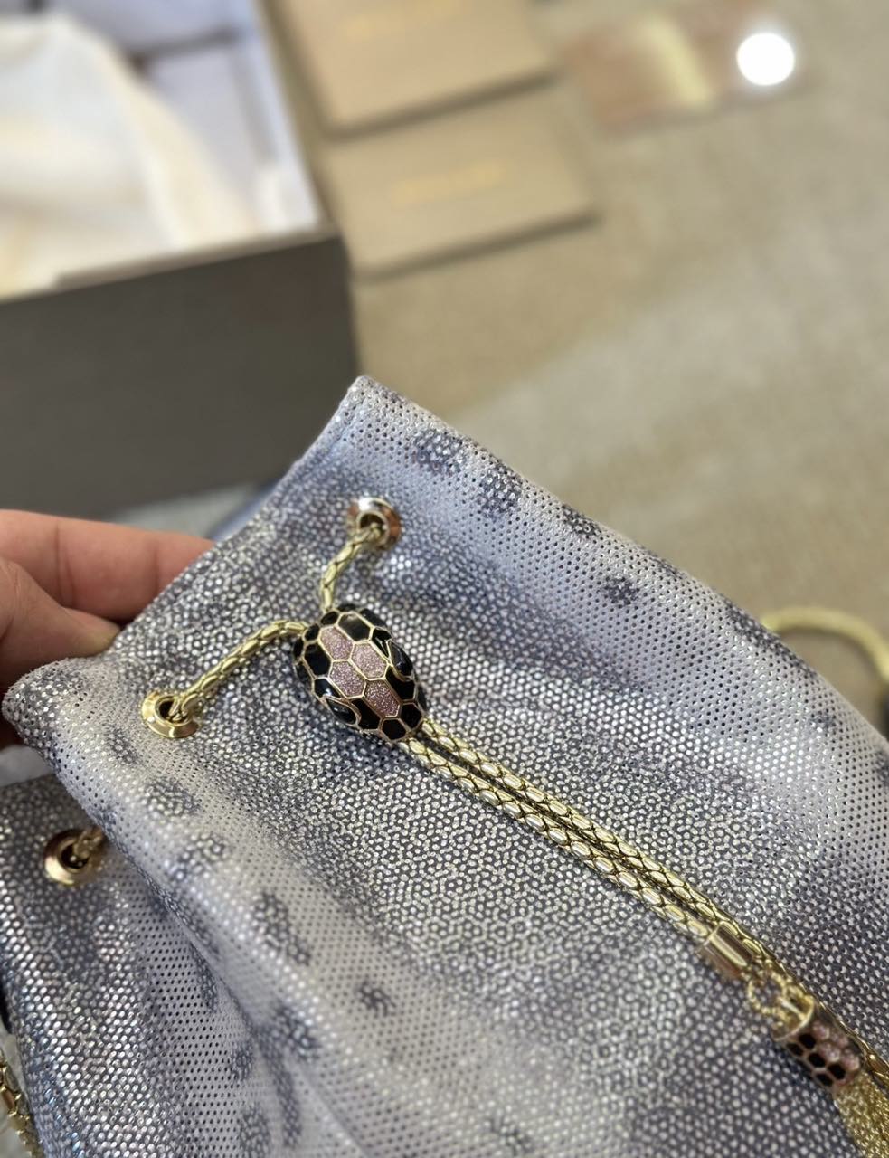 Bvlgari Limited Edition Snake-Embossed Bucket Bag with Chain Strap – Silver Shimmer product image 3 thumbnail