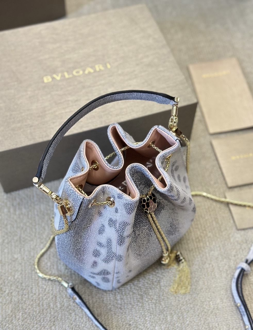 Bvlgari Limited Edition Snake-Embossed Bucket Bag with Chain Strap – Silver Shimmer product image 5 thumbnail