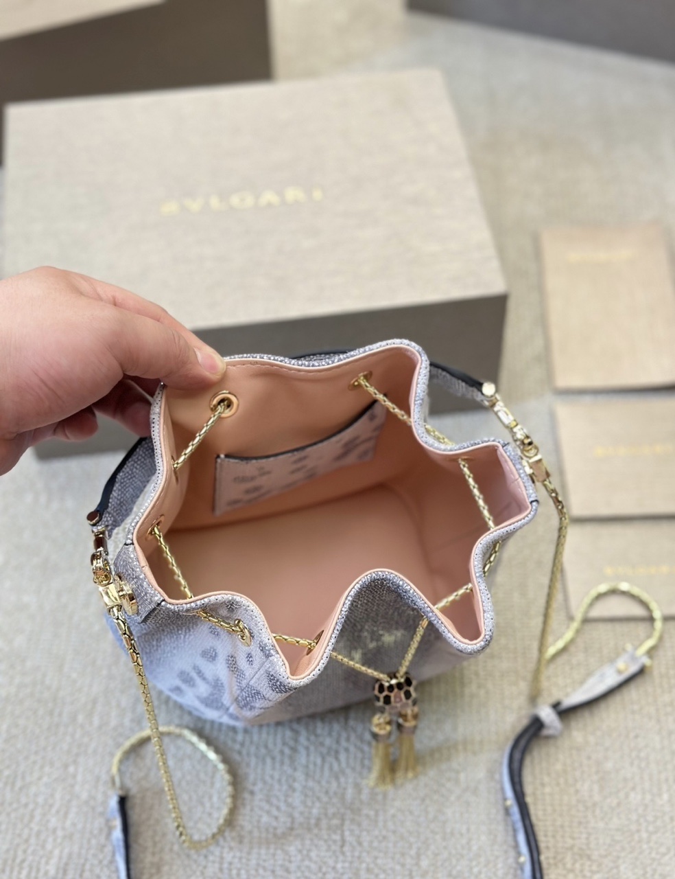 Bvlgari Limited Edition Snake-Embossed Bucket Bag with Chain Strap – Silver Shimmer product image 6 thumbnail