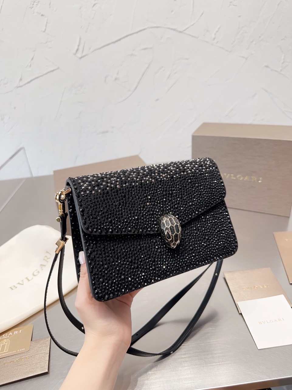 Bvlgari Serpenti 23SS Limited Edition Crystal Embellished Shoulder Bag – Black