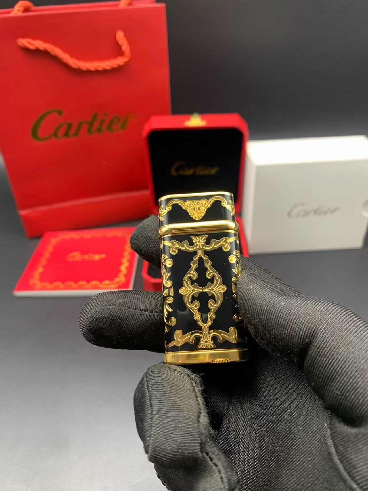 Cartier-Style Baroque Black Enamel Gold-Tone Gas Lighter