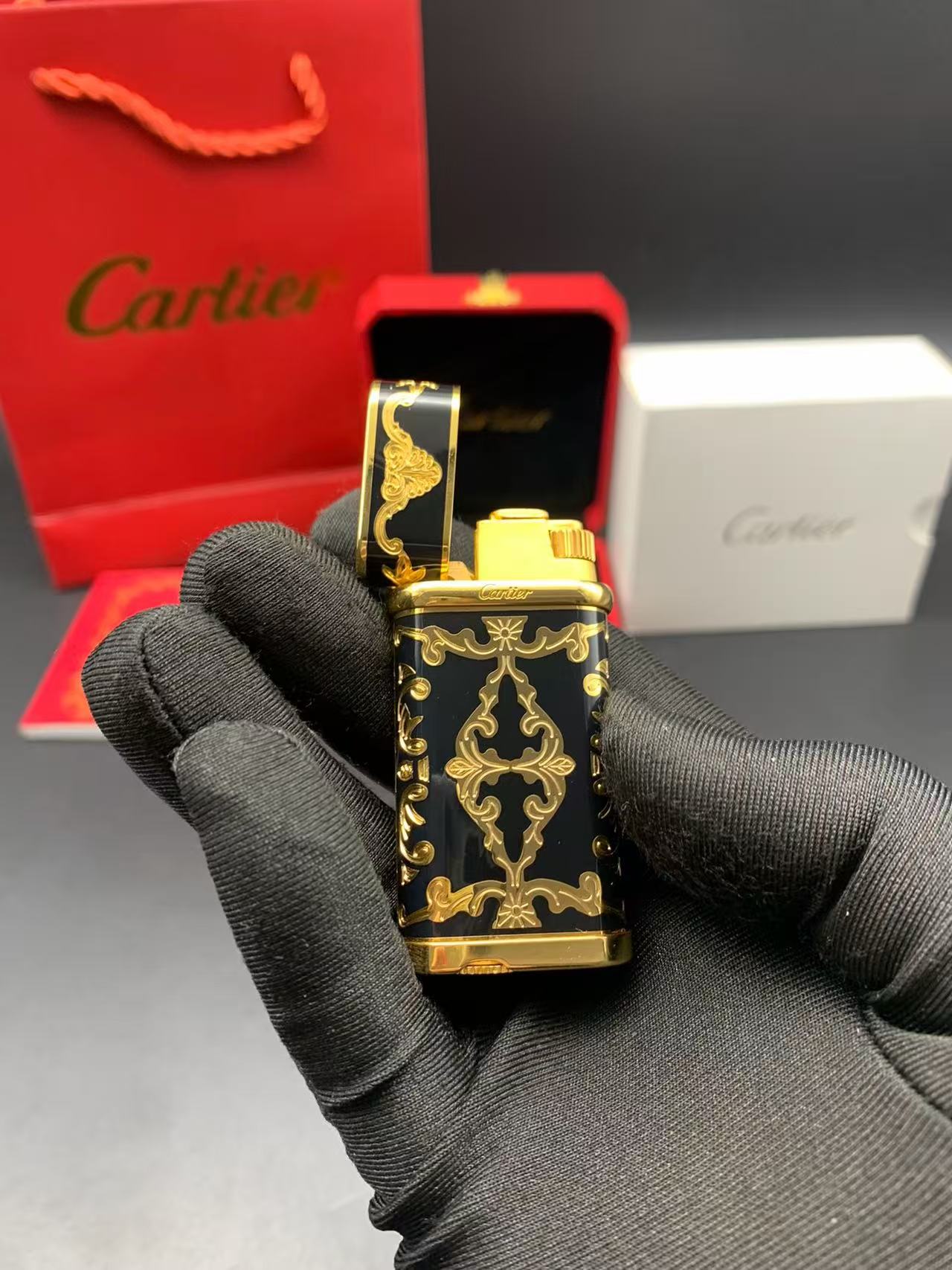 Cartier-Style Baroque Black Enamel Gold-Tone Gas Lighter product image 3 thumbnail