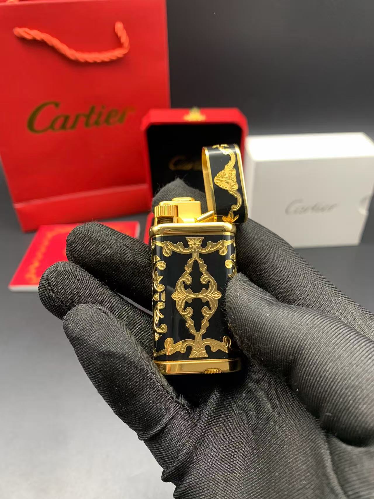 Cartier-Style Baroque Black Enamel Gold-Tone Gas Lighter product image 4 thumbnail