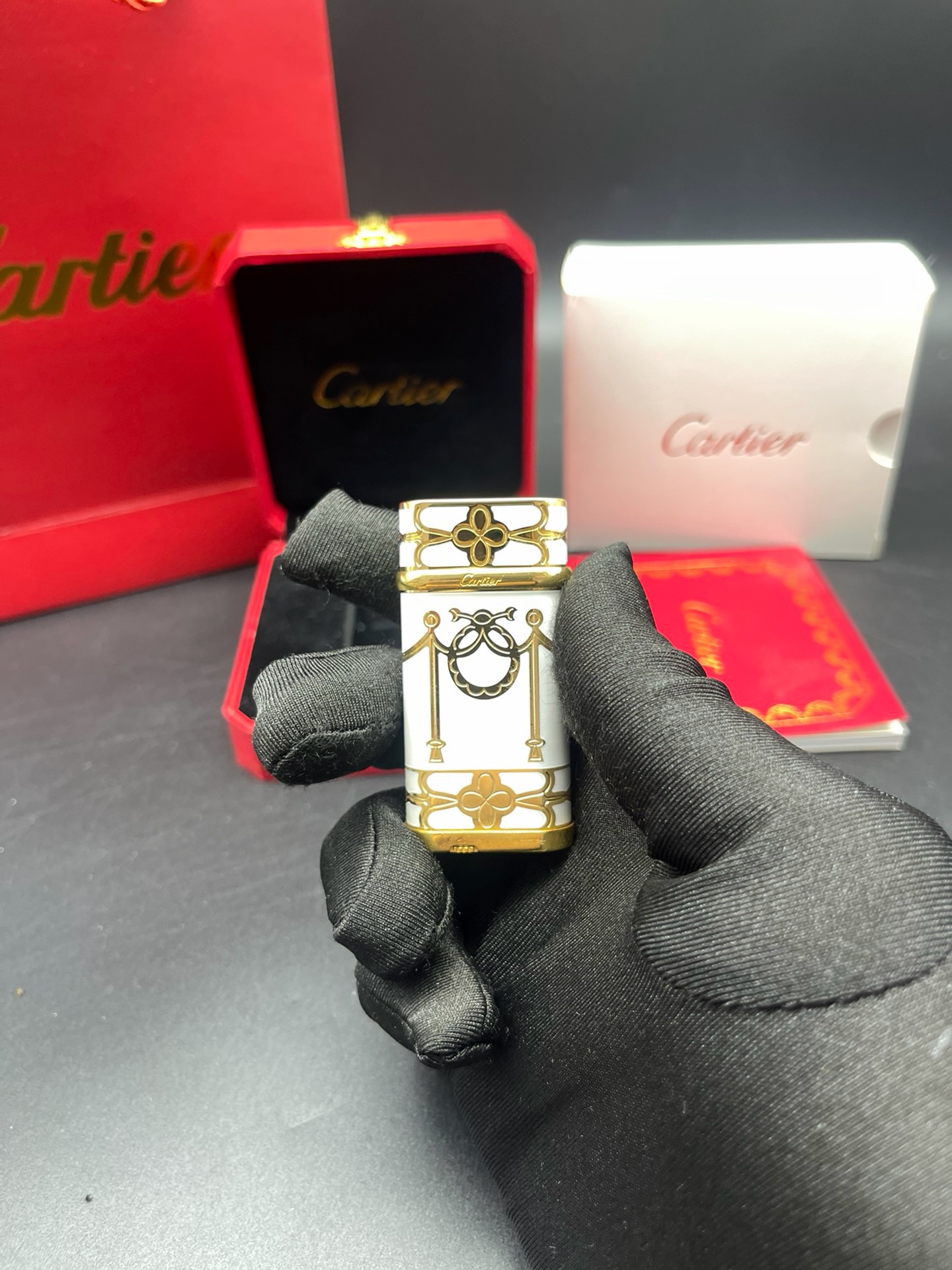 Cartier White Enamel Gold-Tone Classic Pattern Gas Lighter