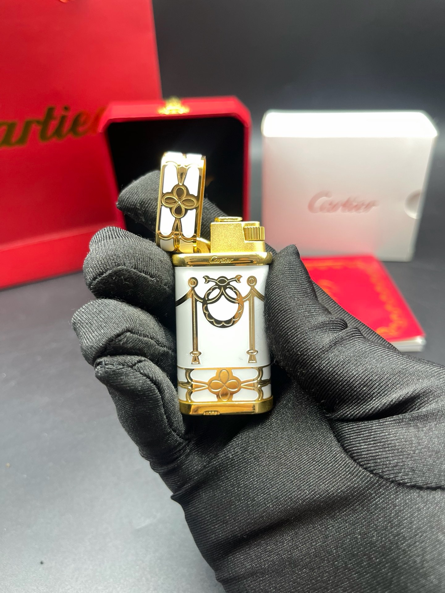 Cartier White Enamel Gold-Tone Classic Pattern Gas Lighter product image 2 thumbnail