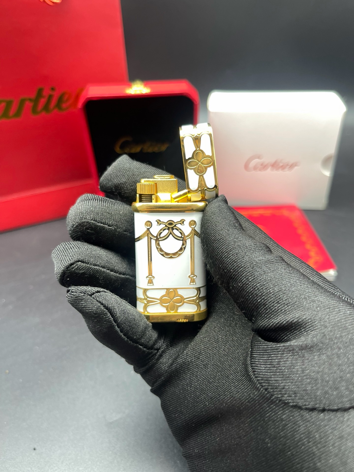 Cartier White Enamel Gold-Tone Classic Pattern Gas Lighter product image 3 thumbnail