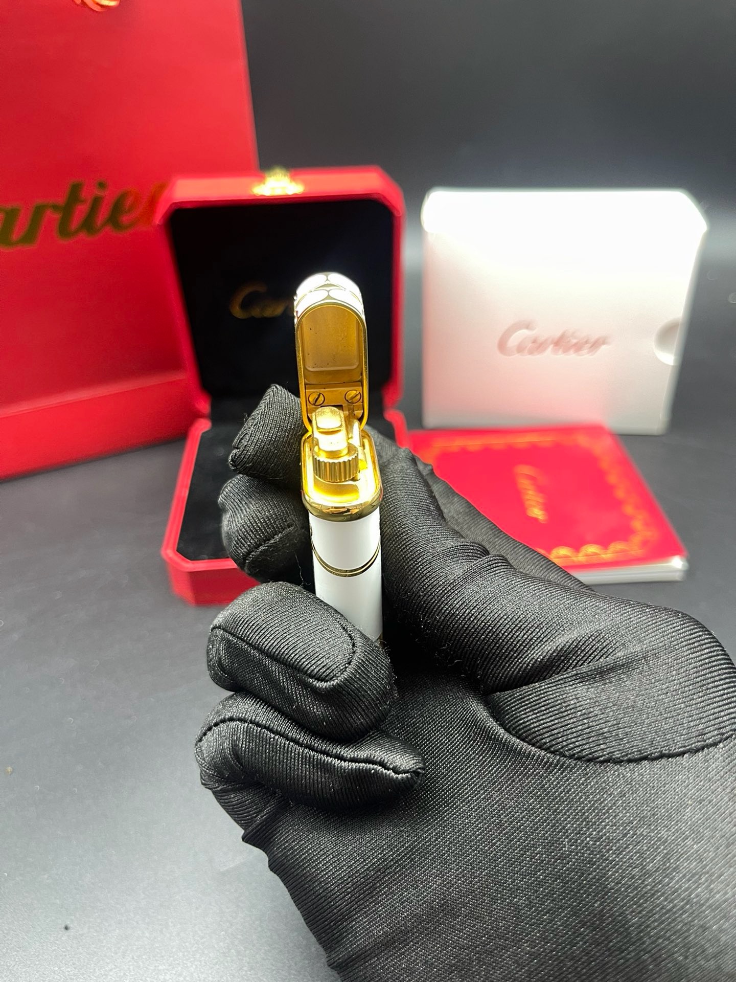 Cartier White Enamel Gold-Tone Classic Pattern Gas Lighter product image 4 thumbnail