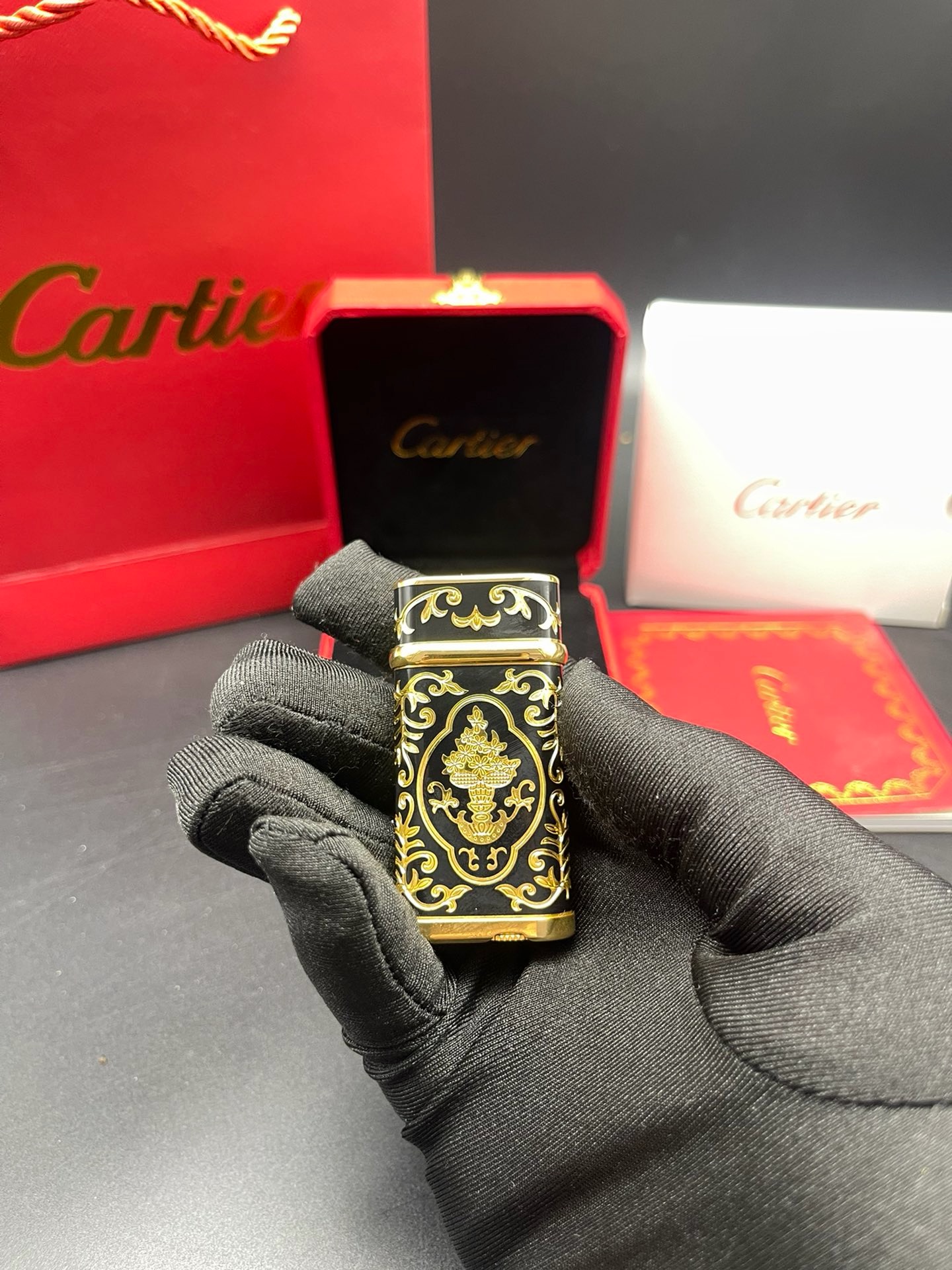 Cartier Black Enamel Gold-Tone Baroque Gas Lighter
