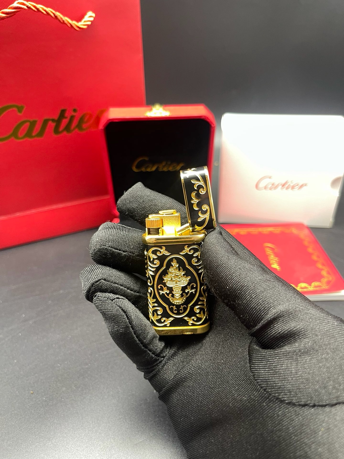 Cartier Black Enamel Gold-Tone Baroque Gas Lighter product image 3 thumbnail