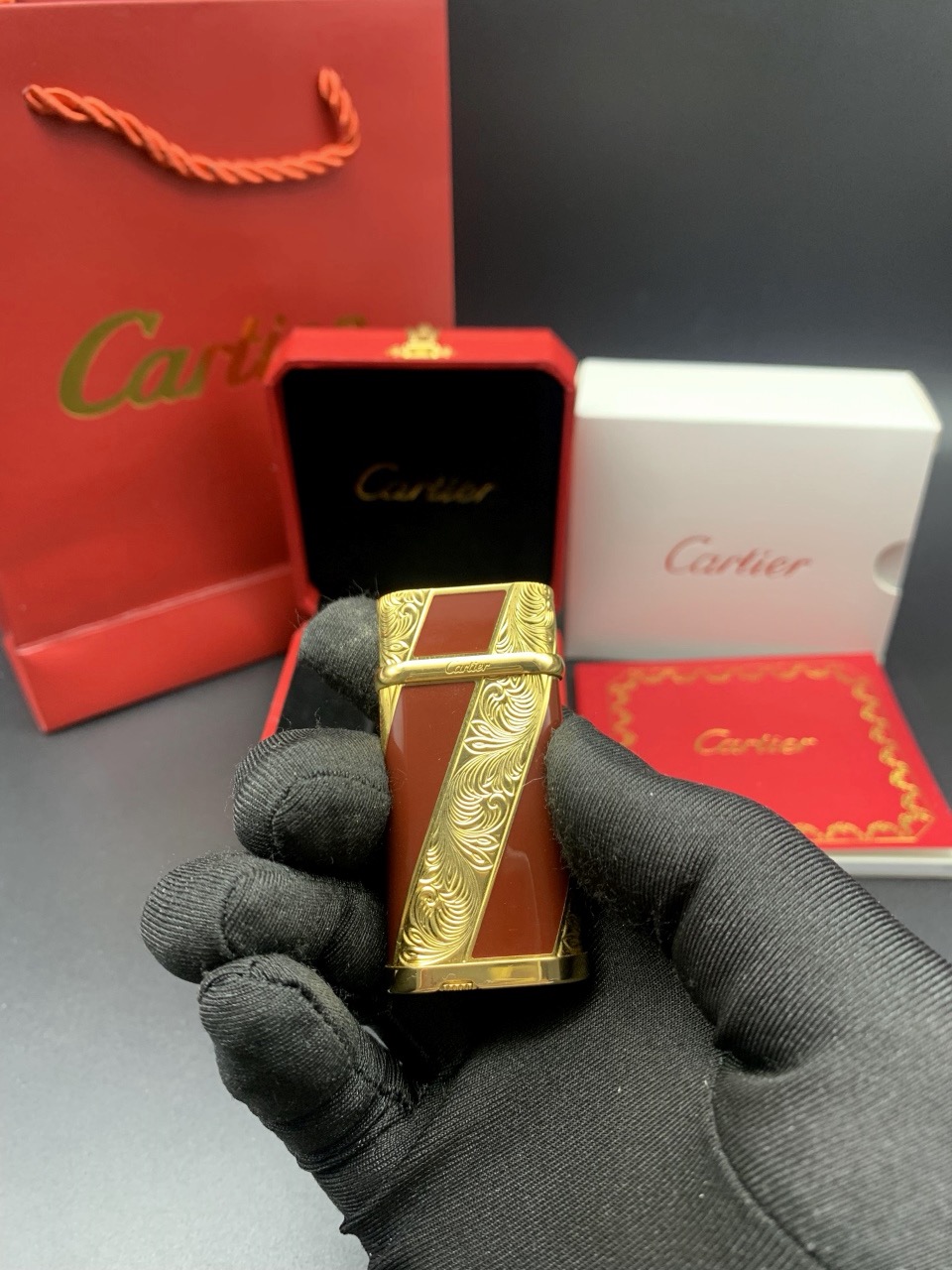 Cartier Red Agate-Style Enamel Gold-Tone Gas Lighter