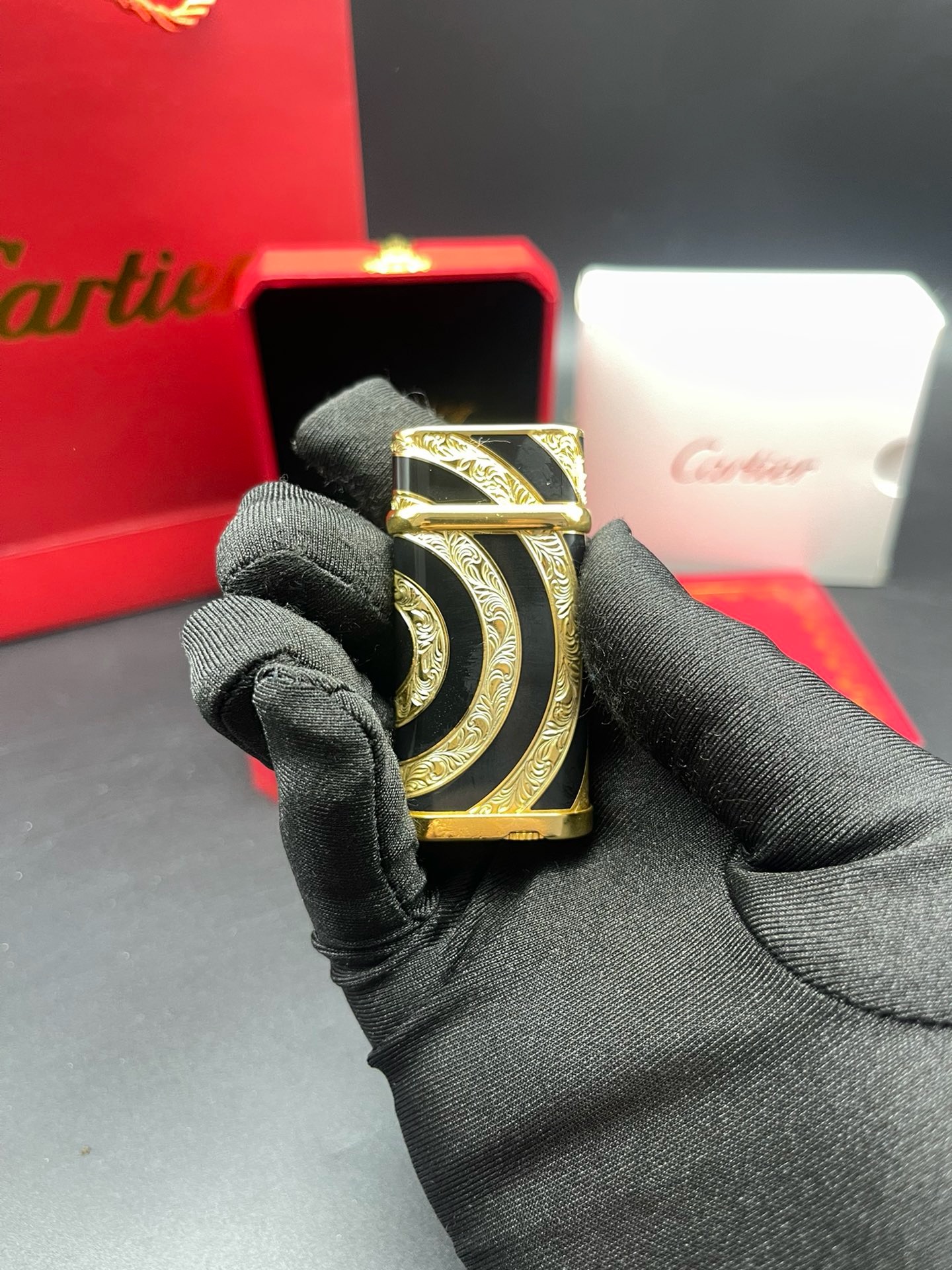 Cartier Black Enamel Spiral Pattern Gold-Tone Gas Lighter