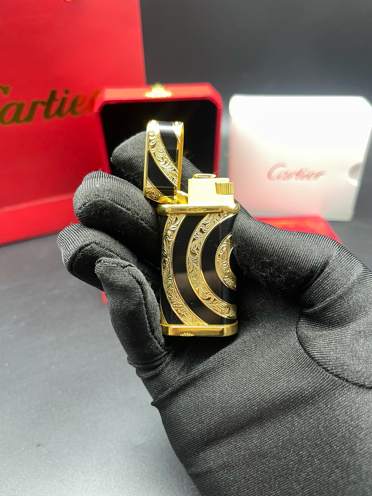 Cartier Black Enamel Spiral Pattern Gold-Tone Gas Lighter product image 2 thumbnail