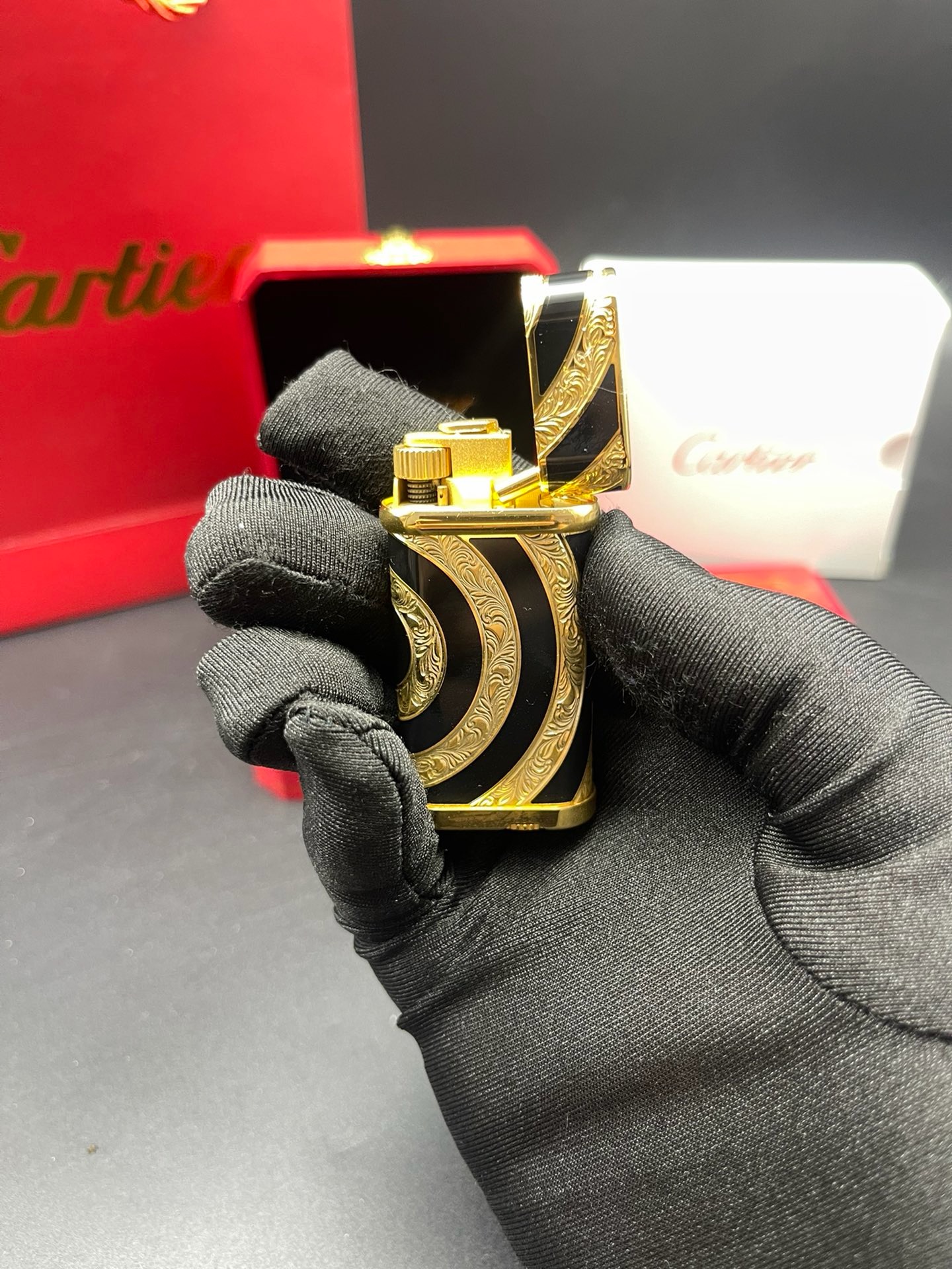 Cartier Black Enamel Spiral Pattern Gold-Tone Gas Lighter product image 3 thumbnail