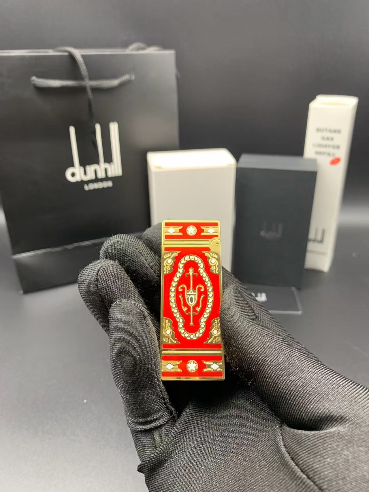 Dunhill Rollagas Red Enamel Gold-Tone Gas Lighter