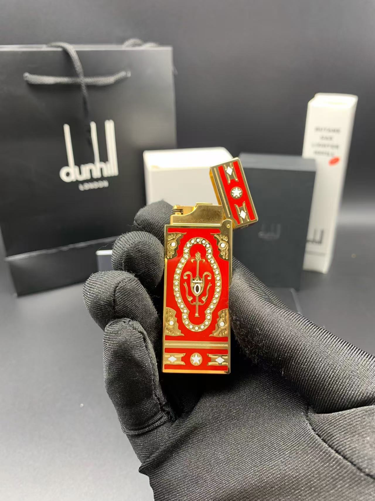 Dunhill Rollagas Red Enamel Gold-Tone Gas Lighter product image 3 thumbnail